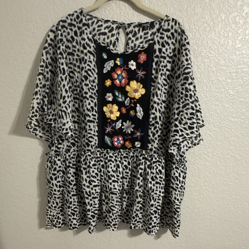 ODDI Women's Plus 1XL Animal Print Floral Embroidered V-Neck 3/4 Blouse