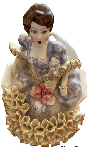Vintage Fine Porcelain Alba Iulia Figurine. Handmade. Woman In Blue Frilly Dress - Picture 1 of 7