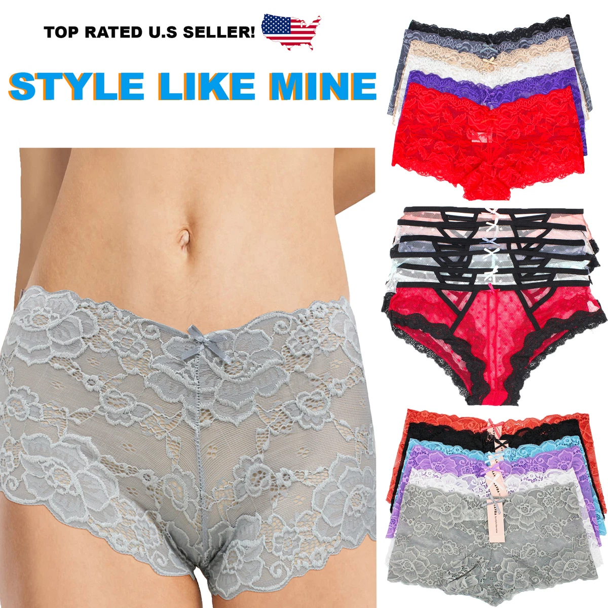 Womens 6 Pack Regular & Plus Size Lace Boyshorts Floral Sexy Panties Set