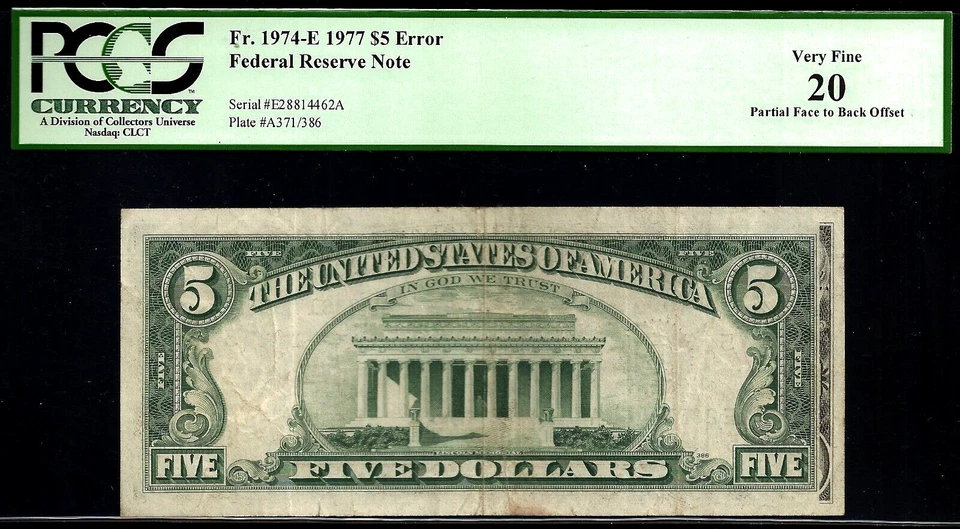 1977 $5 Federal Resereve Note PCGS 20 error note partial face to back Fr 1974-E - Image 2 of 3