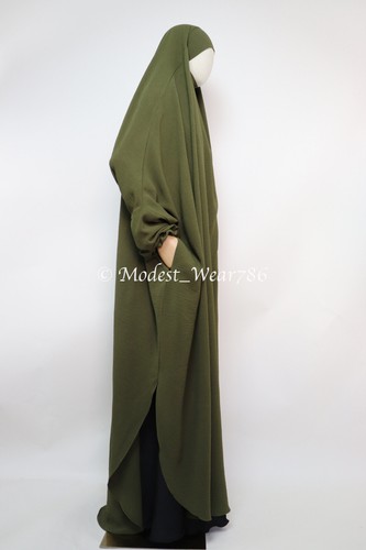 One Piece Full Length Pockets Jilbab Overhead Muslim Prayer Dress Olive - Picture 5 of 5