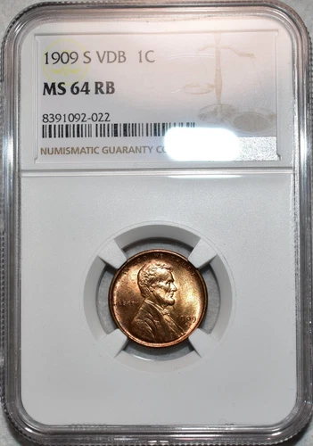 NGC MS-64 RB 1909-S VDB Lincoln Cent, Cartwheeling, Nearly Full-Red, Key-Date!