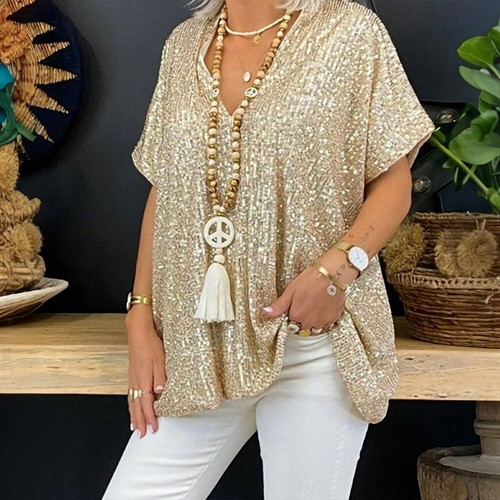 Women Sequin V-Neck Tunic Tops Glitter Shiny Short Sleeve Party T-Shirt Blouse - Picture 25 of 26