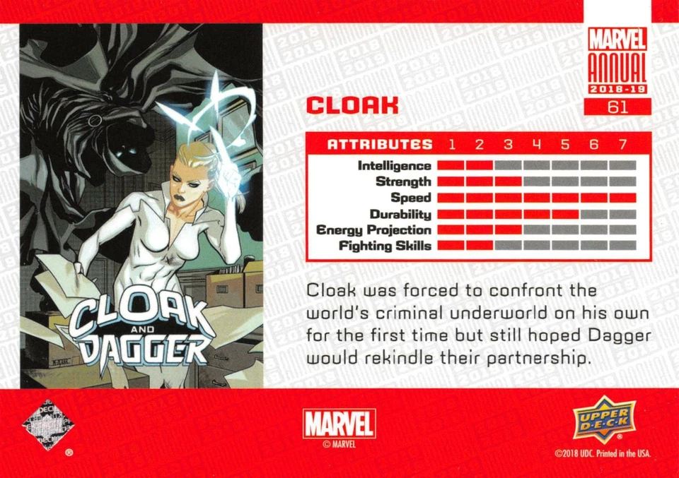 CLOAK / 2018-2019 MARVEL ANNUAL (Upper Deck) BASE Trading Card #61 - Image 2 of 2