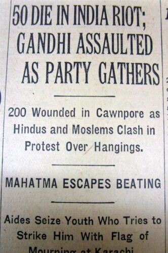 1931 periódico del NY Times Mahatma Gandhi atacado durante la marcha de independencia de la India - Imagen 1 de 6