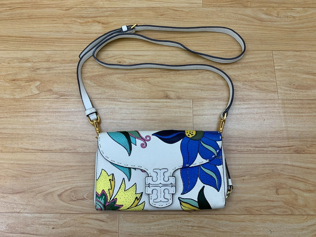 Tory Burch McGraw Floral Flap Over Leather Crossbody Sling Bag