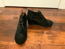 TOMS "Desert" Black Suede Wedge Booties w/ Vegan Snakeskin Panel, Size 7