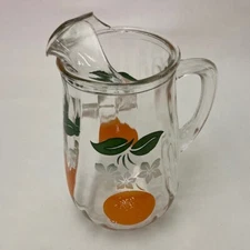 Orange Blossoms Glass Juice Pitcher, Hand Painted, With Handle and Spout Vintage