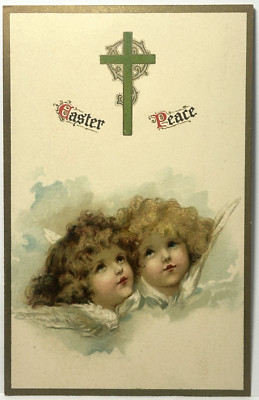 Ernest Nister Postcard Easter Peace Christian Cross Two Beautiful Angels