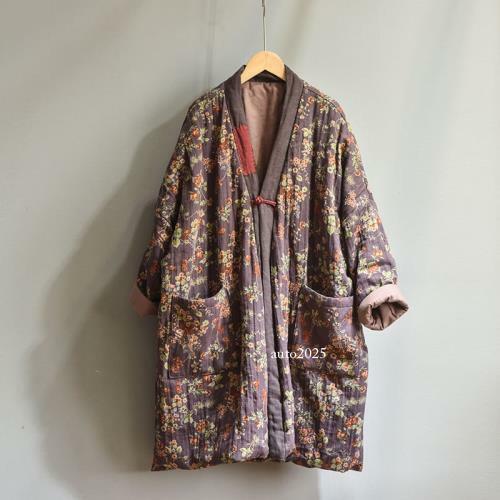 Pastoral Style Womens Long Quilted Jacket Oversize Cotton Robe Patchwork Coat L - Picture 12 of 16