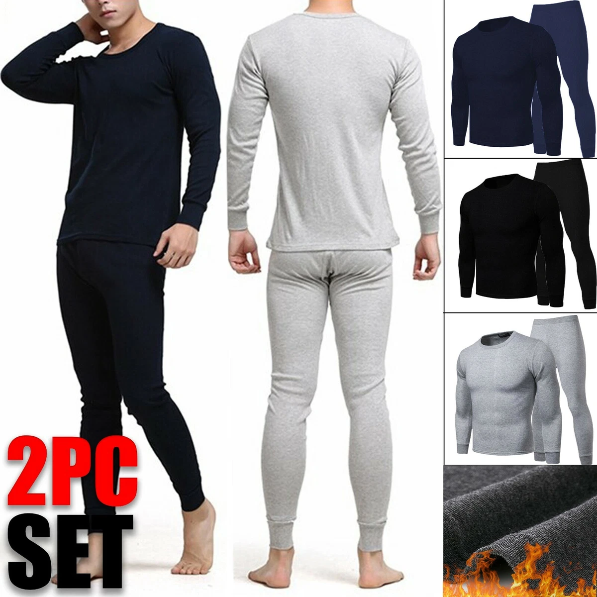 Mens Winter Fleece Lined 100% Cotton Thermal Long Johns Top Bottom  Underwear Set