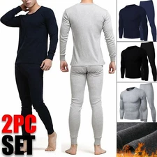 Mens Winter Fleece Lined 100% Cotton Thermal Long Johns Top Bottom Underwear Set