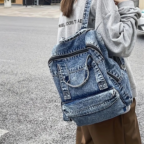 Chic Large-Capacity Denim Backpack  Zippered Rucksack Durable School Travel Bag - 第 1/7 張圖片