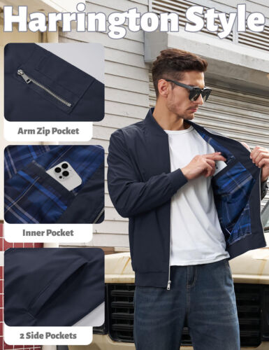 Herren Bomberjacke leichter Windbreaker kariert gefüttert Freizeit Frühling Herbst Mäntel - Bild 5 von 42