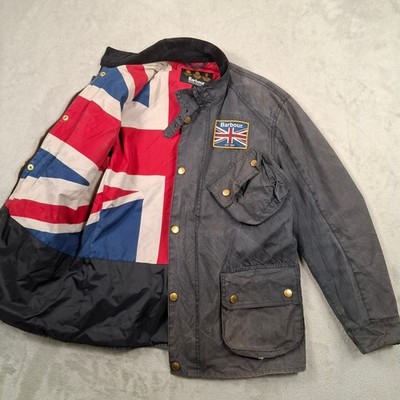 Barbour Jacke Herren Large grau Union Jack International gewachst Biker Trail