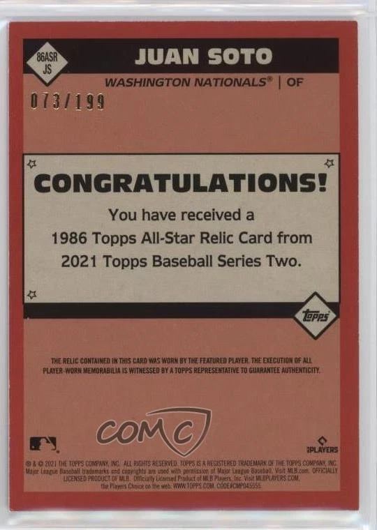 2021 Topps 1986 Topps All-Star Baseball Relics Black /199 Juan Soto #86ASRJS - Image 2 of 2