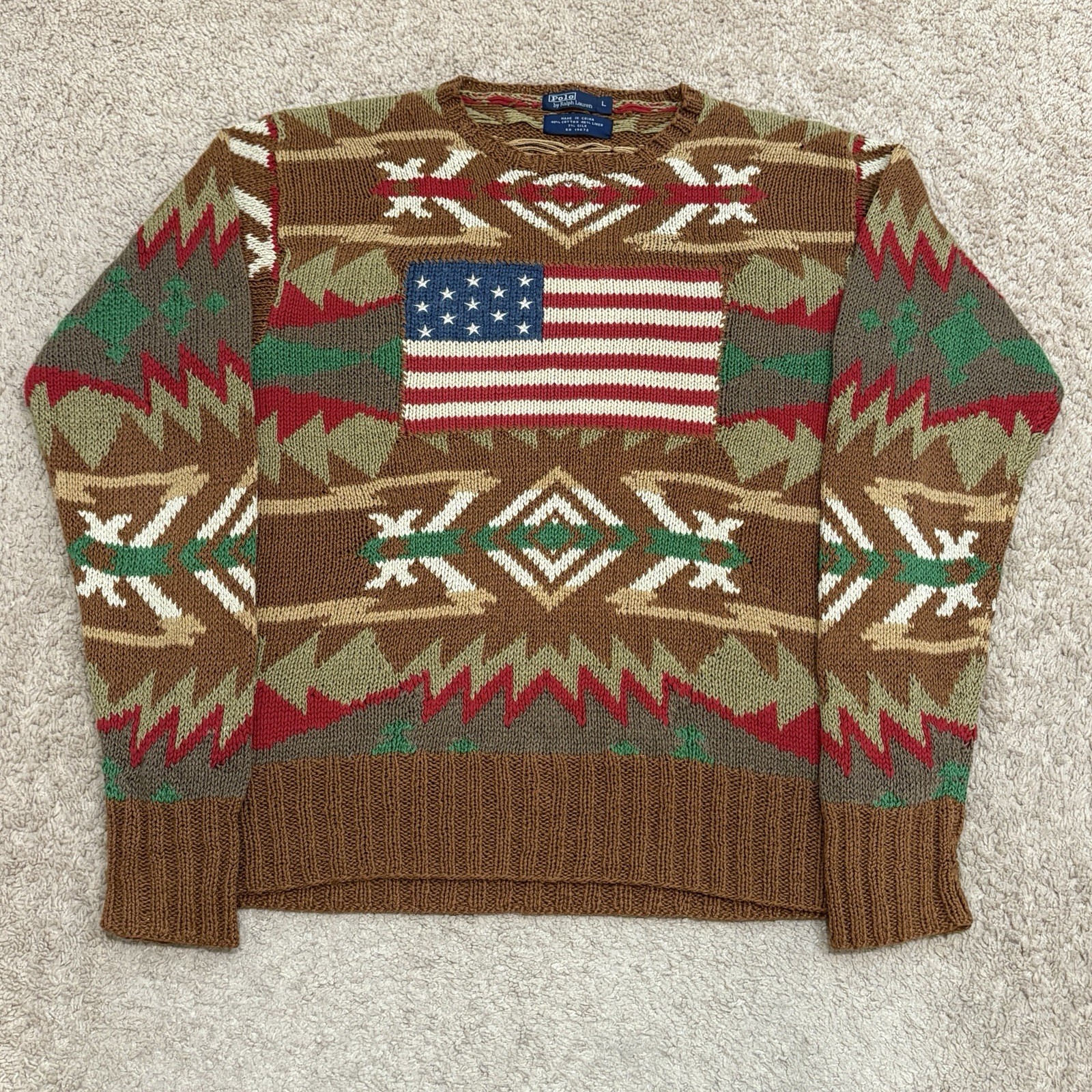 Vintage Polo Ralph Lauren Aztec American Flag Sweater Mens Large Cotton Knit