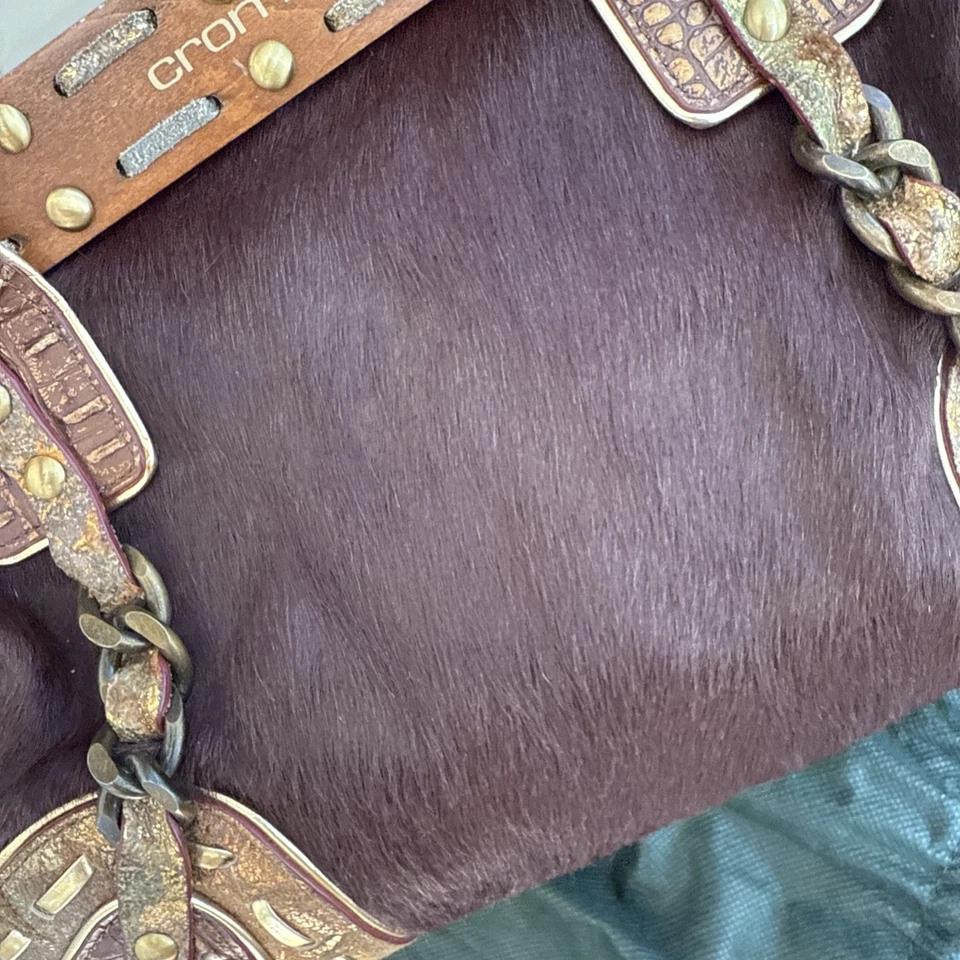 CROMIA ITALY SATCHEL DOCTOR HAND BAG CALF HAIR/leather COMBO BROWN/ GOLD COLORS - Image 3 of 4