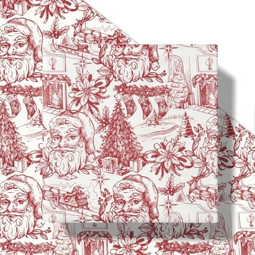Toile Christmas Wrapping Paper Roll, Mini Roll, Red and White Vintage Santa - Picture 2 of 7