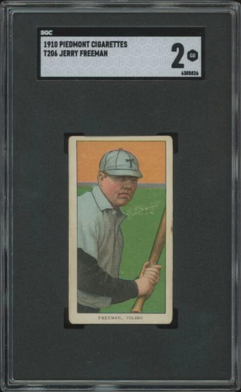 1909 T206 JERRY FREEMAN NNO GOOD PIEDMONT 350 SGC 2 BASEBALL TOLEDO MUD HENS