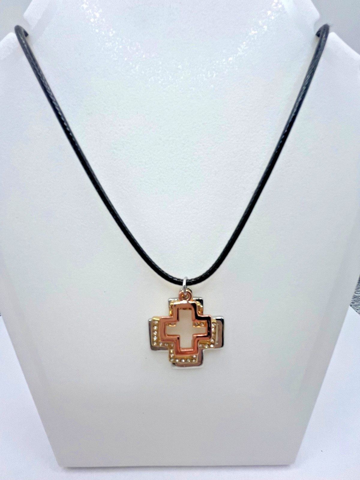 Cross Pendant Necklace Triple Crosses Silver Gold Copper Tone Rhinestones Cord