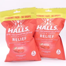 HALLS Cough & Throat Relief Drops Strawberry 2 Bags 80 Ct Economy Pack Exp 04/26