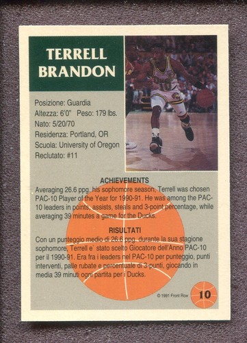 1991 Front Row #10 - Terrell Brandon (Italian) - Picture 2 of 2
