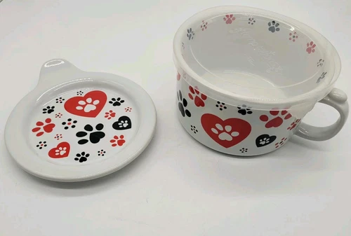 4 pk Temptations by Tara Bowls, Saucers & Lids, Red White Black Paw Prints Heart