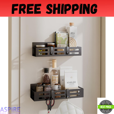 2 Pack Magnetic Spice Rack for Refrigerator, Black Magnetic Shelf and Fridge Kit