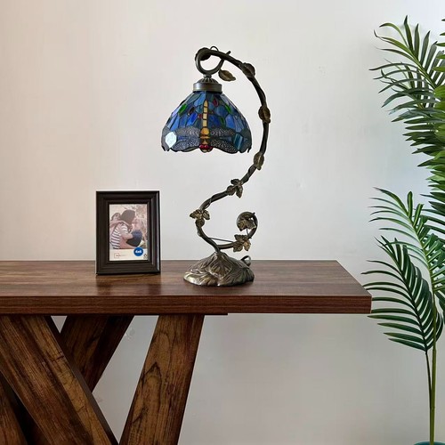 Tiffany Style Table Lamp Blue Stained Glass Dragonfly LED Bulb 11"W*8"D*21"H - Picture 7 of 8