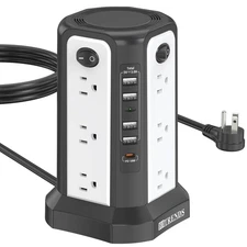 Tower Power Strip with Surge Protection | 12 AC Outlets + 4 USB + PD18W Type-...