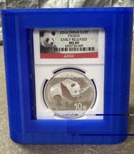Coin slab stackable display storage with lid for graded coins, blue color.