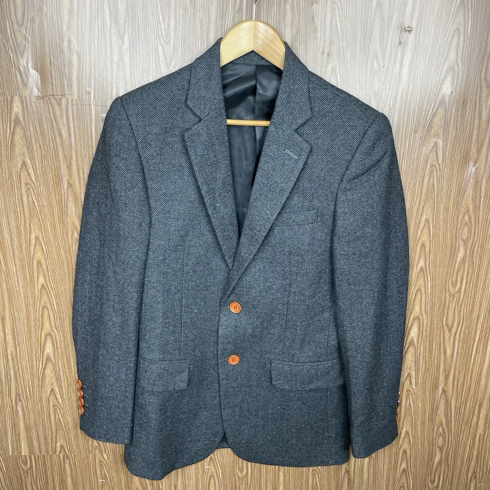 Terno masculino 3 peças 34S 30x31 cinza espinha de peixe tweed lã dupla ventilação colete calças - Imagem 2 de 4