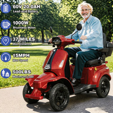 Heavy Duty 4 Wheel Mobility Scooters 500lbs 1000W 60V 37 Miles All Terrain