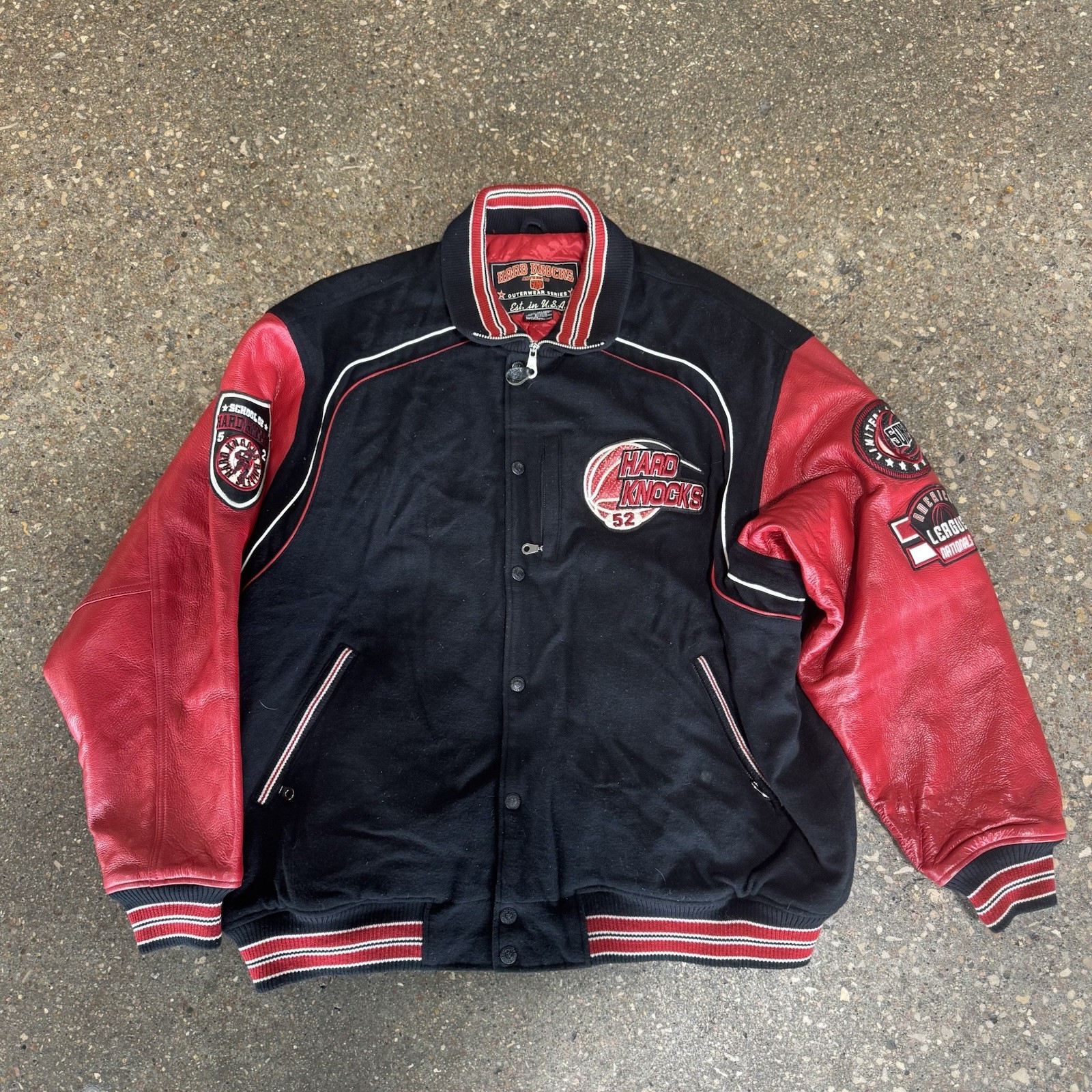 Vintage School Of Hard Knocks Varsity Leather Jacket Mens 3XL Red Black 90s Y2K