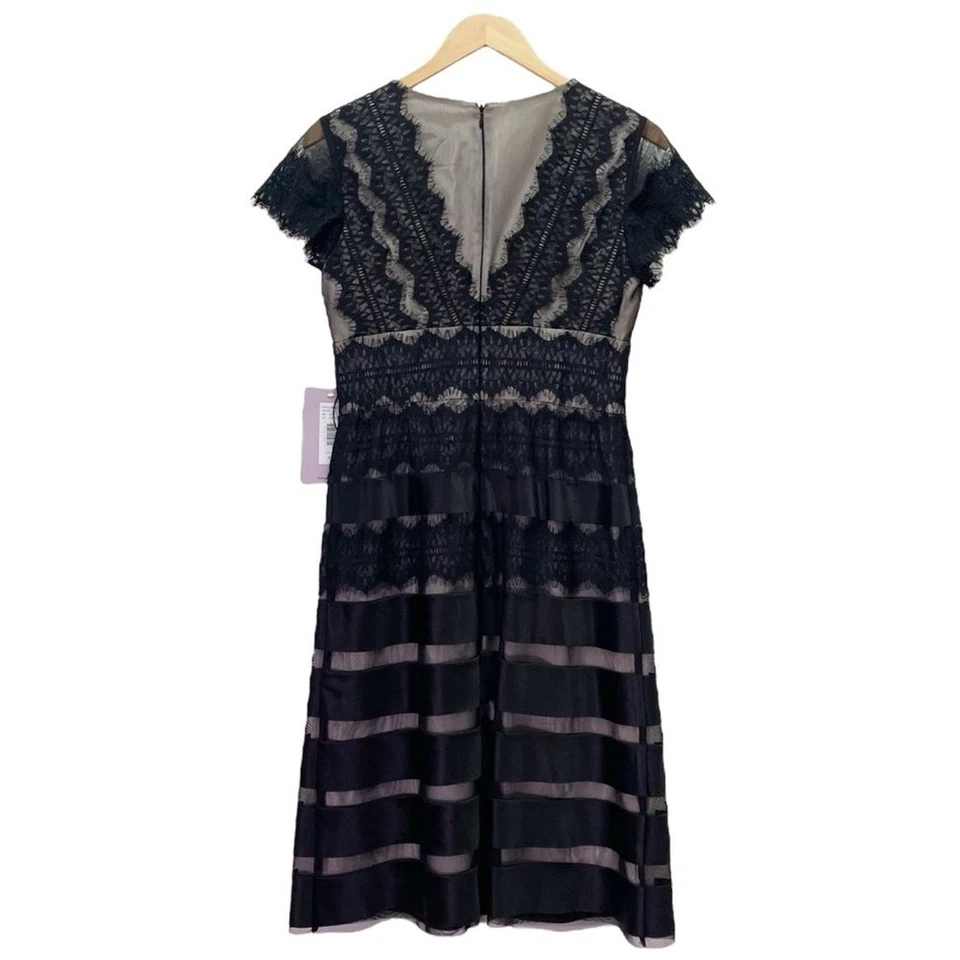 NWT JS Collections Black Nude Lace Illusion Midi Dress Sheer Stripe Size 6 NEW - Image 3 of 4