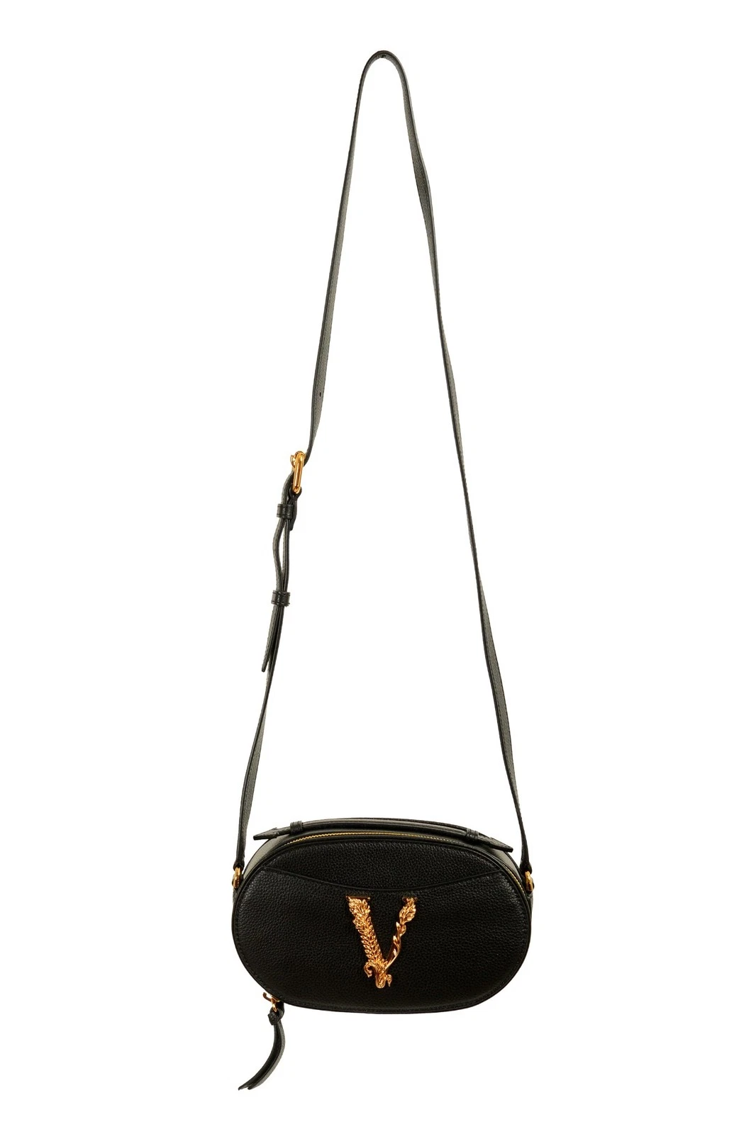 Versace — Versace Women's Grainy Black Leather Gold Logo V Camera Shoulder Bag Handbag