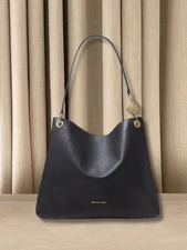 Michael Kors Christina Women Large Triple Gusset Leather Shoulder Tote Bag Black