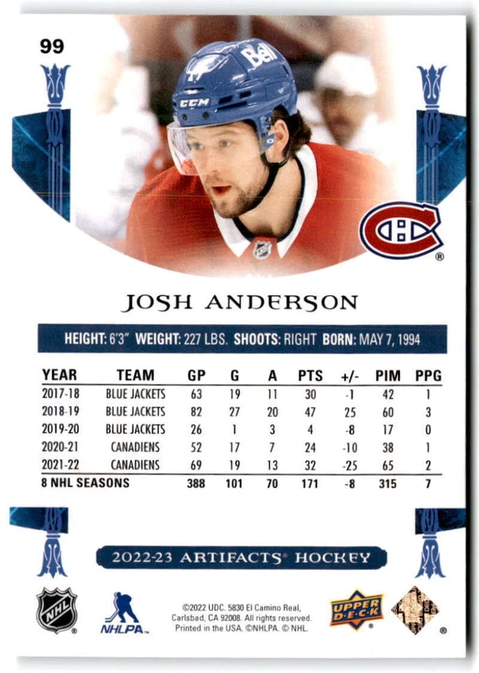2022-23 Upper Deck Artifacts #99 Josh Anderson Montreal Canadiens Hockey - Image 2 of 2