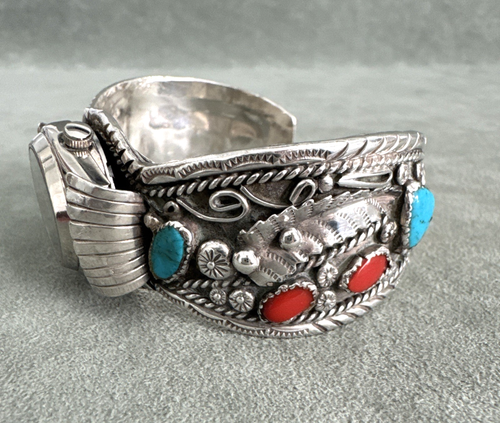 Vintage Cuff Watch Bracelet Turquoise Coral Hand Stamped Sterling Silver Navajo - Picture 2 of 14