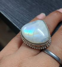 Big Pear Rainbow Moonstone Ring 925 Sterling Silver Jewelry Gift For Christmas