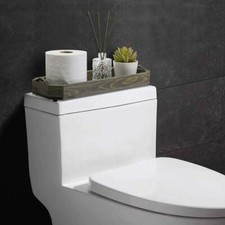 Rustic Burnt Gray Solid Wood Rectangular Toilet Tank Tray with Handles