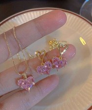 Fashion Zinc Alloy Rhinestone Heart Charm Jewelry Set For Women -Pink/Gold