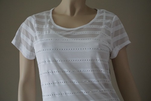 INC Bright White Sheer Striped Silver Studded Blouse Size L - Picture 3 of 7