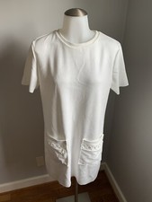 Women’s ZARA White Round Neck Shift Dress Short Sleeve Pockets Medium
