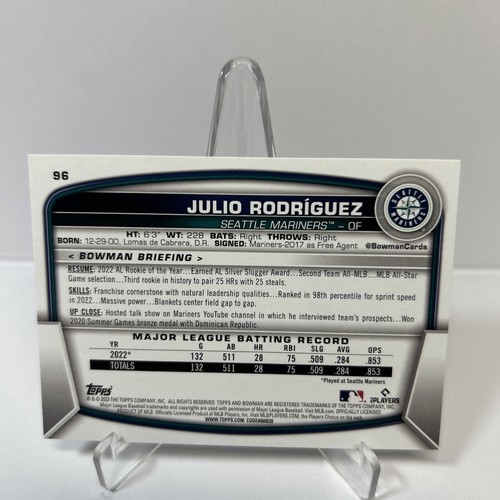 2023 Bowman #96 Julio Rodriguez Seattle Mariners - Picture 2 of 2