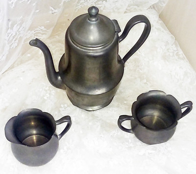 Antique Crescent Pewter 3 Piece Coffee Tea Service #1629 Scalloped