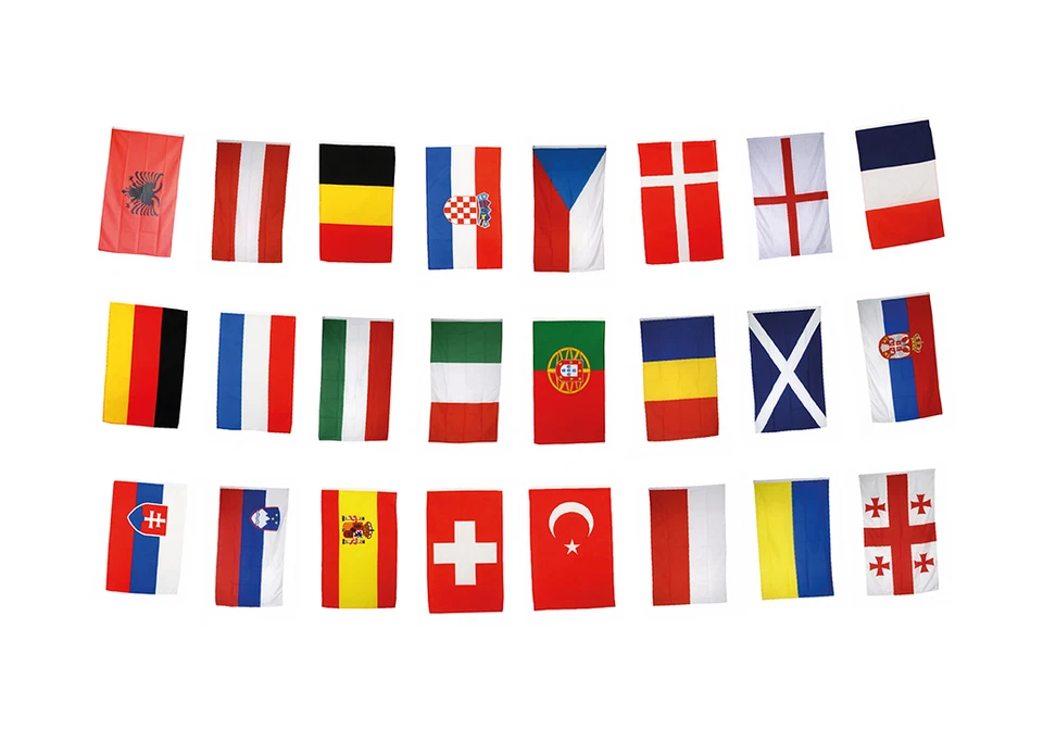 EM Flaggenkette 15,5m Fußball 2024 Fahnenkette 24 Ländern 30x45cm Fahne Girlande