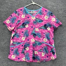Jurassic World Scrub Top Womens XL Pink Medical Nurse Workwear Floral Pocket