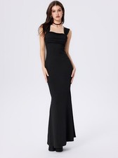 Solid Ruched U-neckline Ruffle Maxi Dress